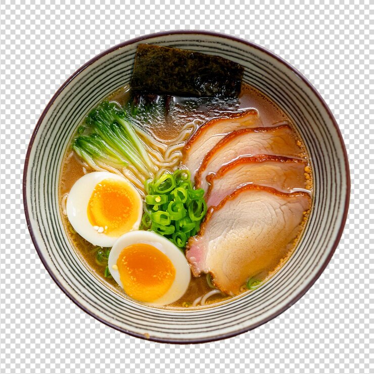 Delicioso tazón de ramen de comida tradicional japonesa sobre un fondo transparente