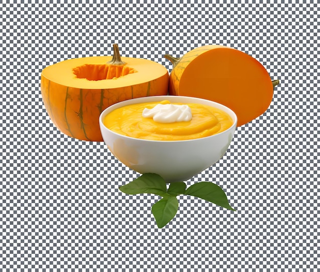 Un delicioso tazón de sopa de calabaza aislado sobre un fondo transparente