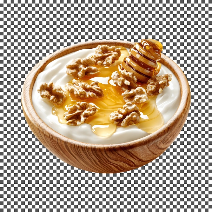 PSD delicioso yogur griego con miel y nueces aisladas sobre un fondo transparente