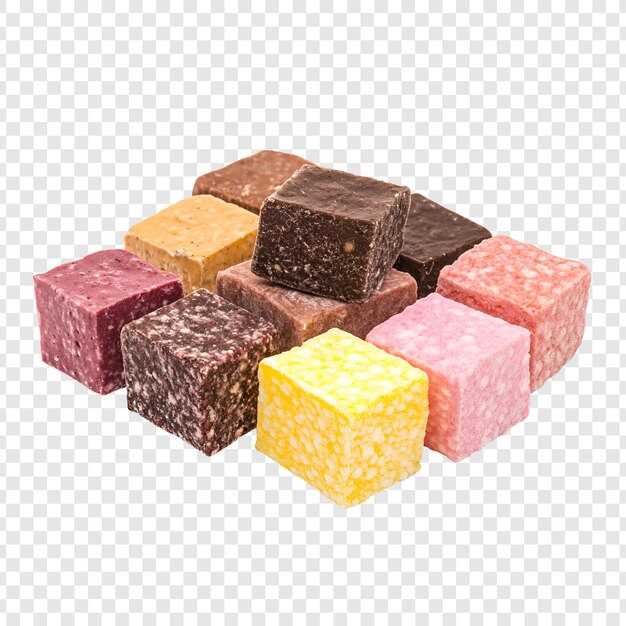 Deliciosos cubos de caramelo de coco aislados en transparente