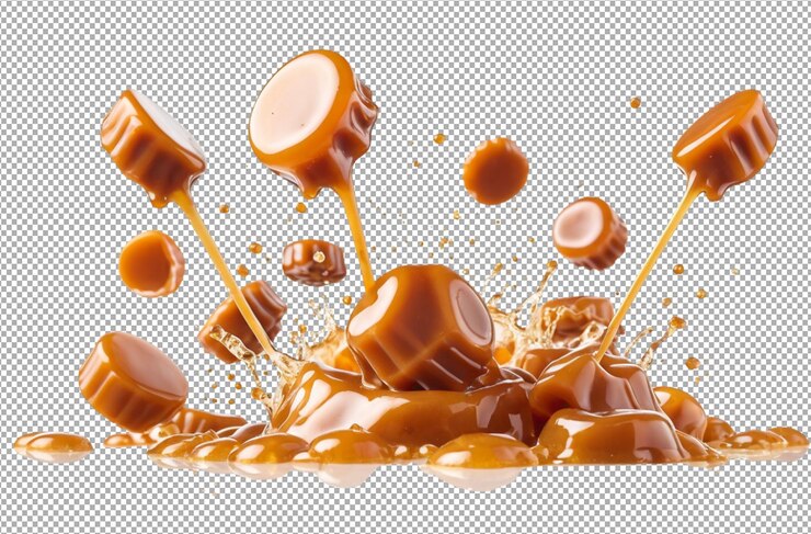 PSD deliciosos doces de caramelo espalhados no leite