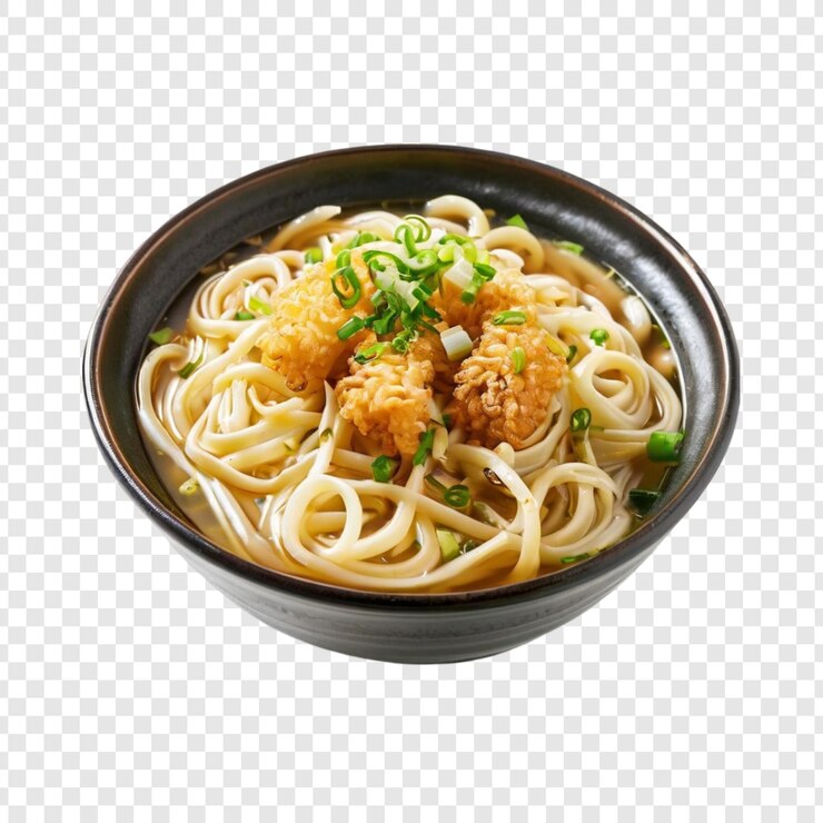 PSD deliciosos fideos de sésamo en un tazón de sopa con cebollas verdes para adornar