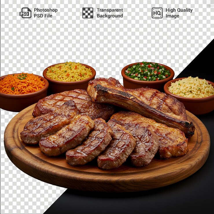 Deliciosos filetes a la parrilla con platos de acompañamiento en una bandeja de madera