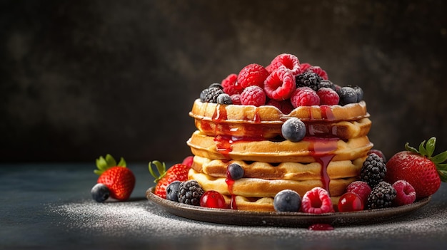 Deliciosos gofres belgas recién horneados con bayas y frutas IA generativa