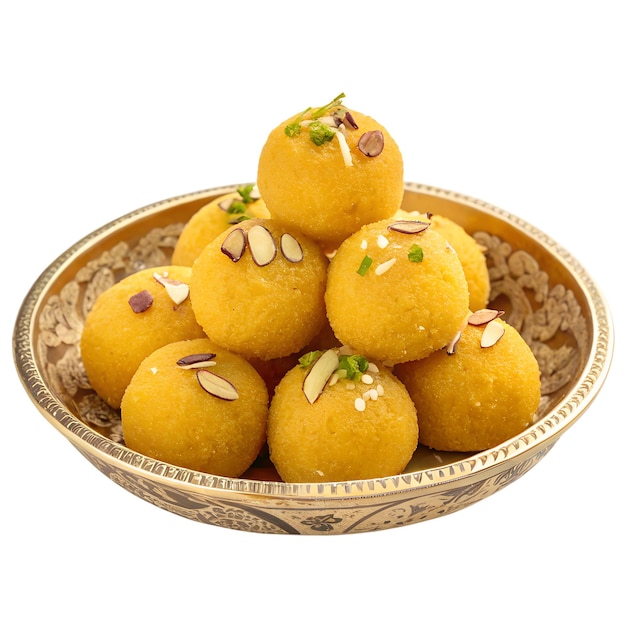 Deliciosos ladoos dourados em uma tigela decorativa