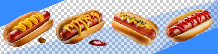 PSD deliciosos perritos calientes con coberturas en un fondo colorido