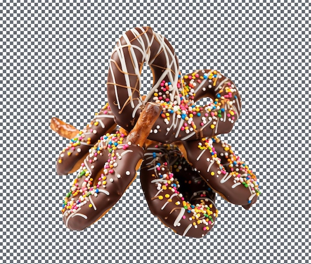 Deliciosos pretzels con chocolate aislados sobre un fondo transparente