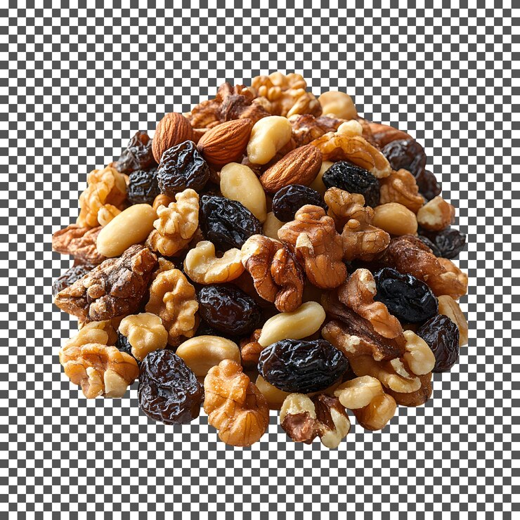 PSD deliciosos racimos de ciruelas y nueces aislados sobre un fondo blanco