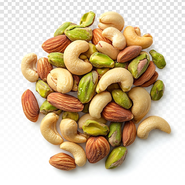 Deliciosos racimos de pistachos y anacardos sobre un fondo blanco