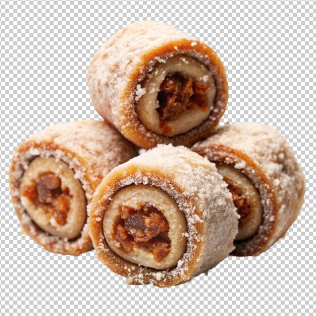 Deliciosos rollos de dátiles de coco aislados sobre un fondo transparente
