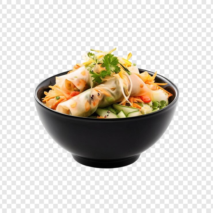 PSD deliciosos rolos de primavera asiáticos vegetais taça fresca comida cozinha receita de lanche saudável