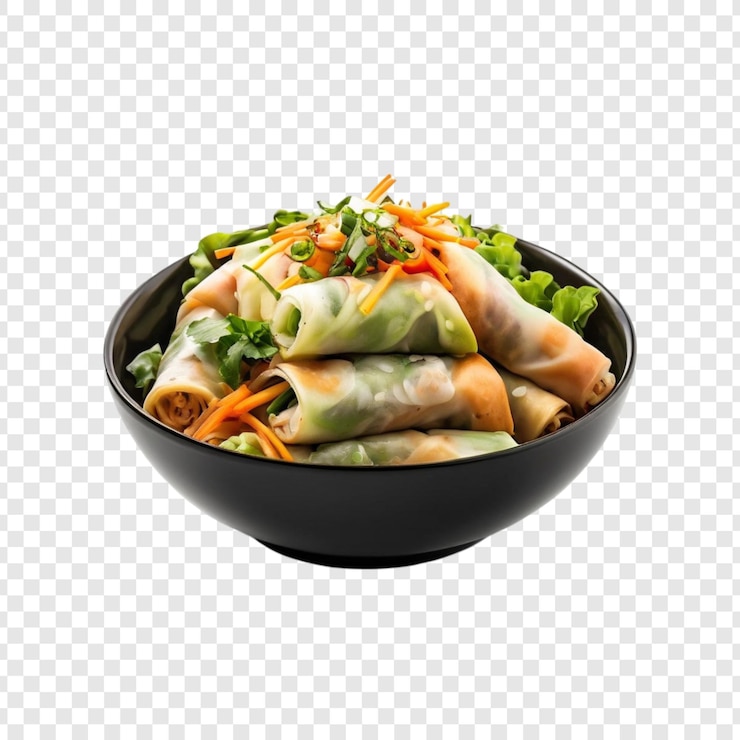 PSD deliciosos rolos de primavera asiáticos vegetais taça fresca comida cozinha receita de lanche saudável