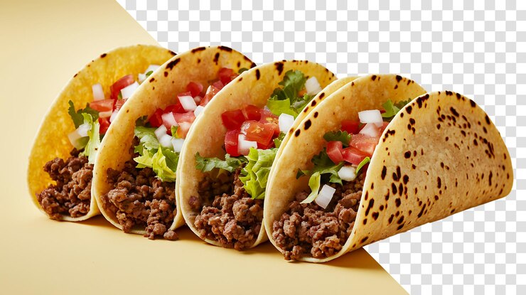 PSD deliciosos tacos con carne molida, tomates, cebollas y lechuga