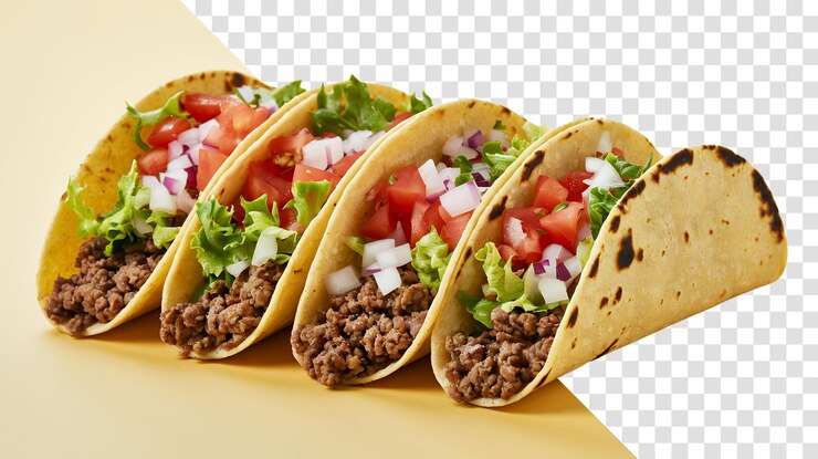 PSD deliciosos tacos con carne de res, lechuga, tomates y cebollas