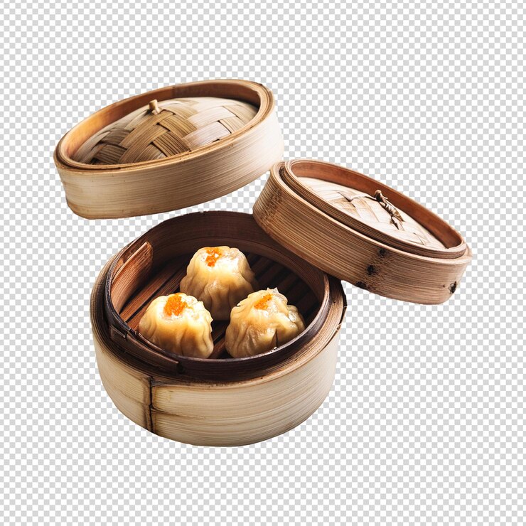Deliciosos tres pequeños dimsum en cajas de comida sobre un fondo transparente