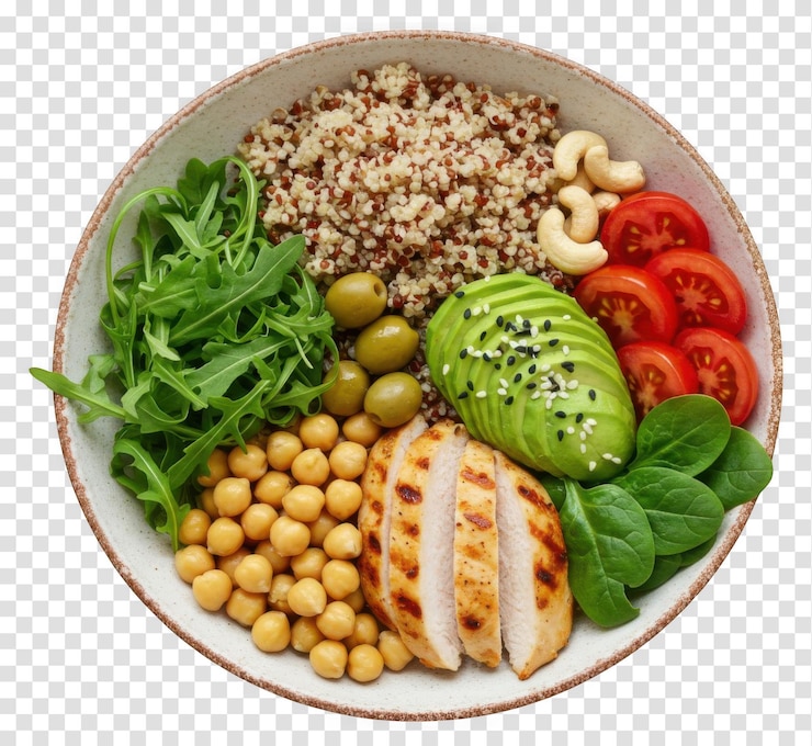 PSD delicious and nutritious healthy bowl with chicken and vegetables