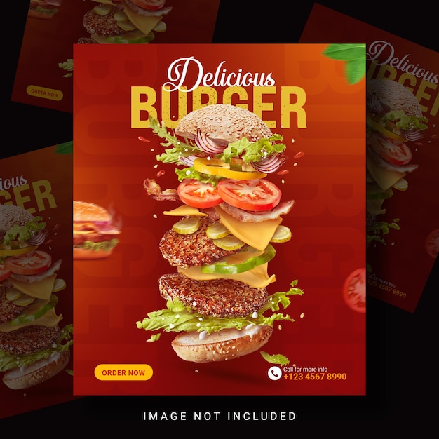 Delicious burger food banner de promoción en las redes sociales y diseño de plantillas de comida en Instagram