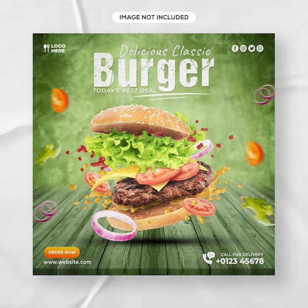 Delicious Burger Food menu e modello di banner social media ristorante