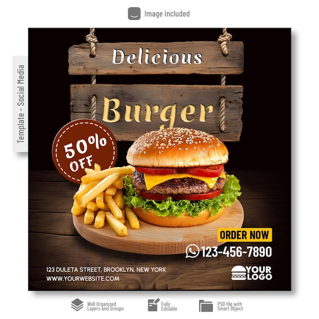 Delicious burger modello di banner per i social media