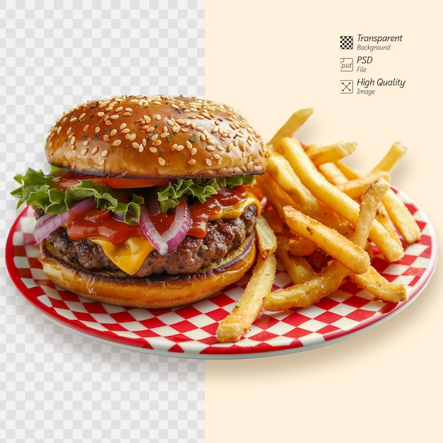 PSD delicious cheeseburger with fries on a checkered plate