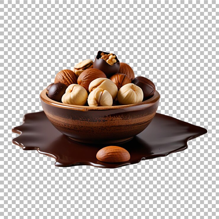 PSD delicious chocolate candies and nuts isolated on a transparent background