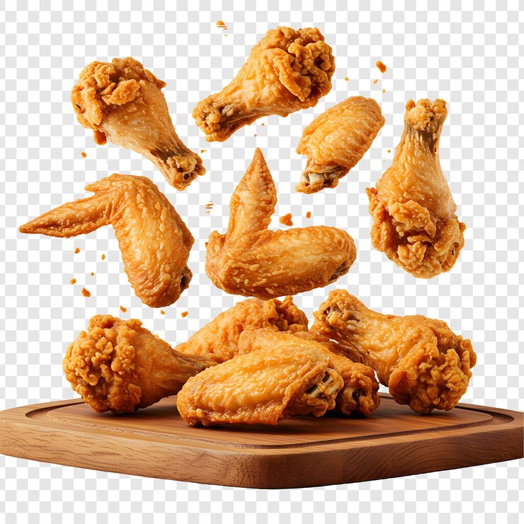Delicious Crispy Fried Chicken Wings on a Wooden Board