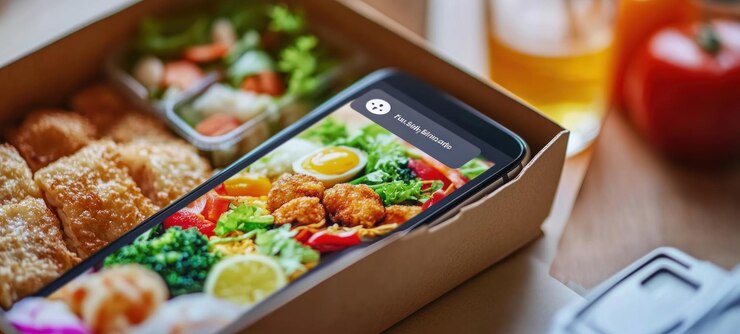 PSD delicious food delivery smartphone mostra un'insalata vivace con pollo croccante e una scatola di bento con aperitivi pronti da gustare