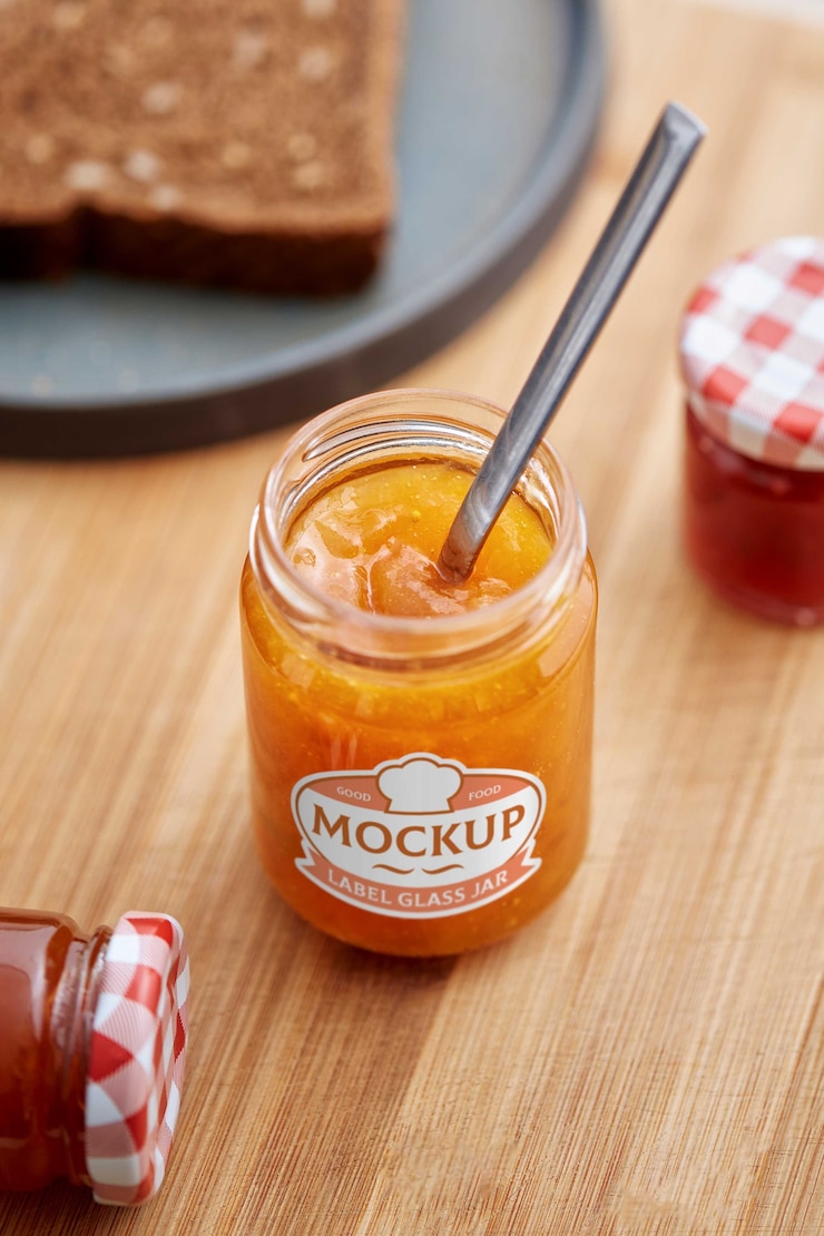 PSD delicious jam in glass jar with label