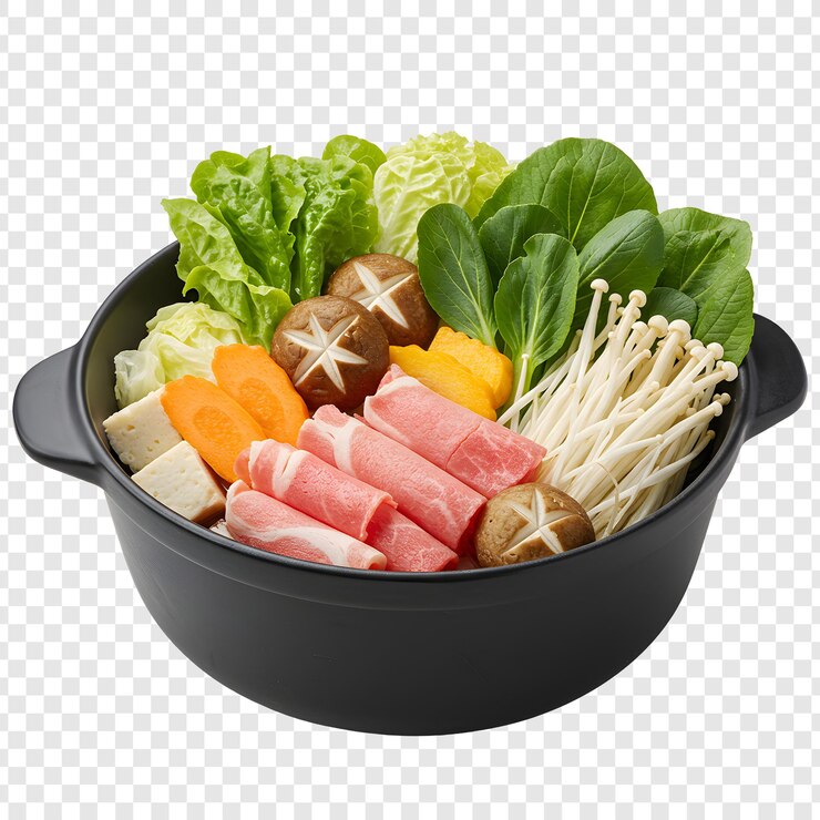 Delicious Japanese Hot Pot with Vegetables Meat and Mushrooms