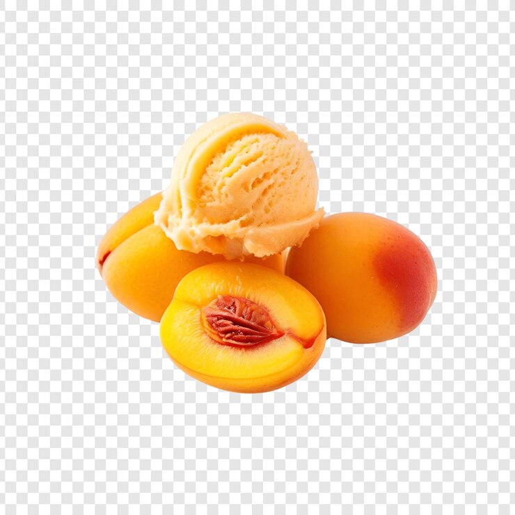 PSD delicious peach ice cream scoop with fresh peach slices