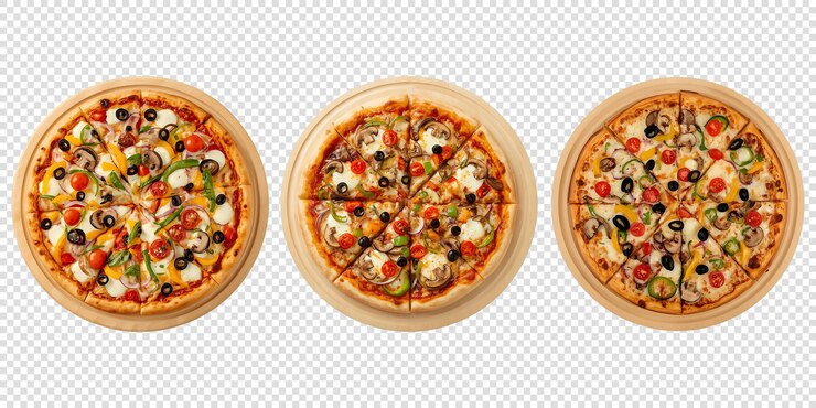 Delicious pizzas with assorted toppings on wooden boards