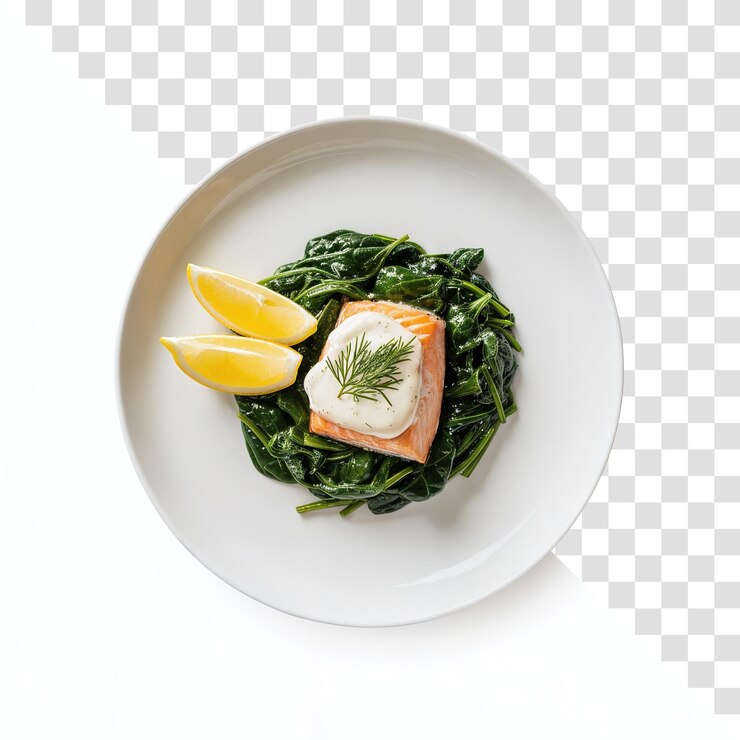 PSD delicious salmon with spinach and lemon on a white plate