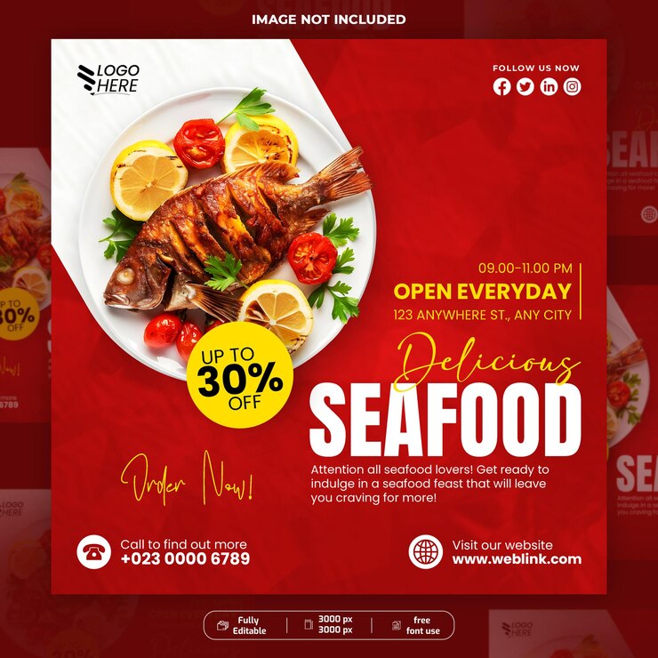 Delicious Seafood Publicaciones en las redes sociales o comida de pescado plantilla de publicación de banner de Instagram