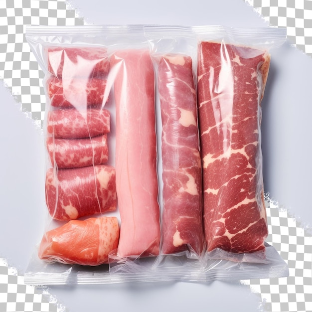 Delikatessen, die in vakuumsiegeltem fleisch auf einem transparenten hintergrund zubereitet werden