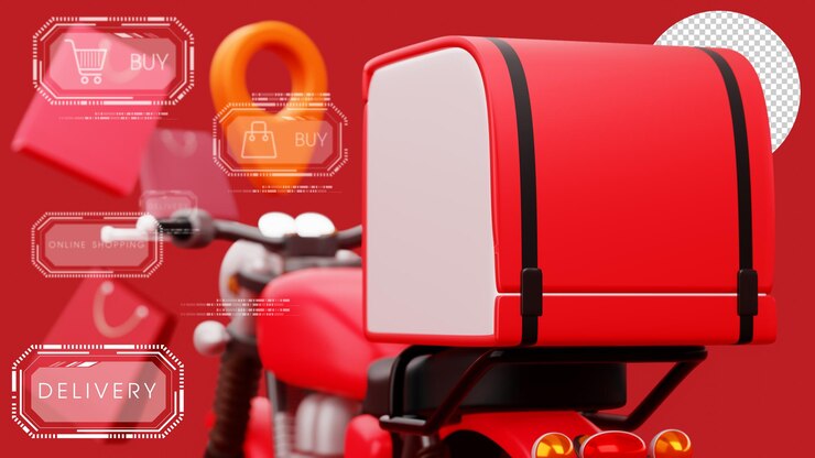 PSD delivery courier service online shopping motorcycle with parcel box 3d rendering