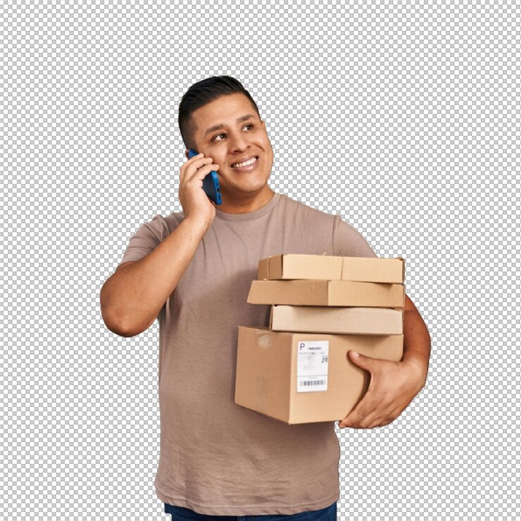 PSD delivery man smiling while talking on the phone and holding packages