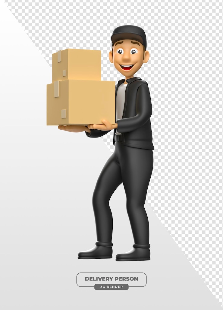 PSD delivery person holding black friday boxes in 3d render with transparent background