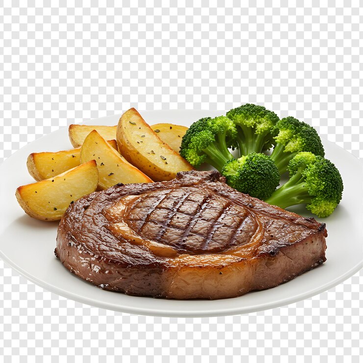 Deliziosa bistecca di patate arroste e broccoli su un piatto