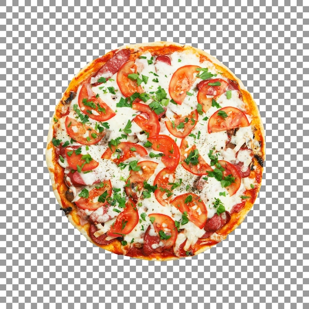Deliziosa pizza ai funghi con pomodori e formaggio su uno sfondo trasparente