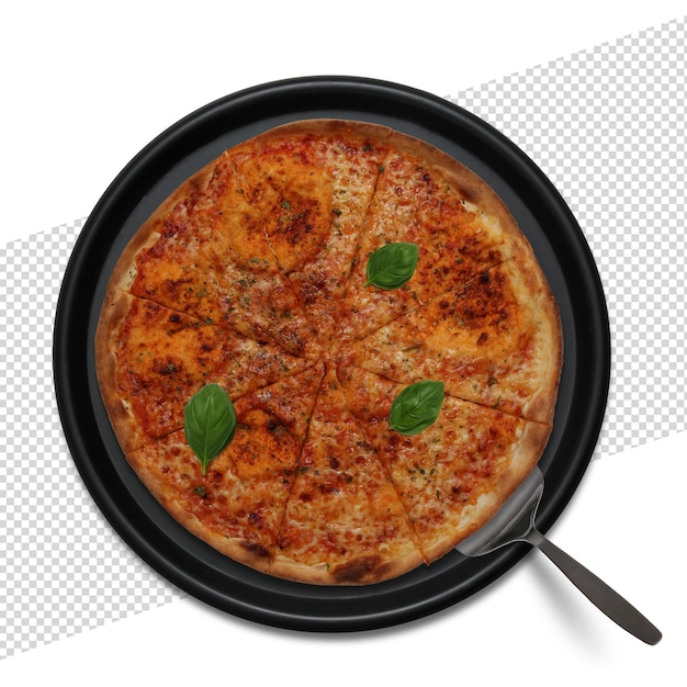 Deliziosa pizza rotonda con pomodoro al formaggio e basilico su un vassoio