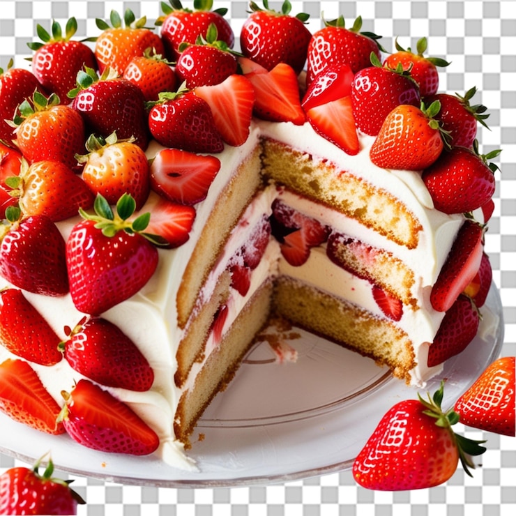 PSD deliziosa torta di fragole sormontata da fragole fresche isolate su uno sfondo trasparente per il design