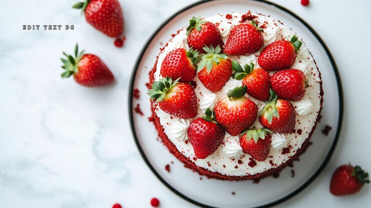 PSD deliziosa torta di velluto rosso coperta di fragole fresche e crema