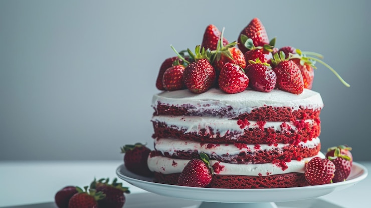 PSD deliziosa torta di velluto rosso stratificata con glassa di formaggio crema e fragole fresche