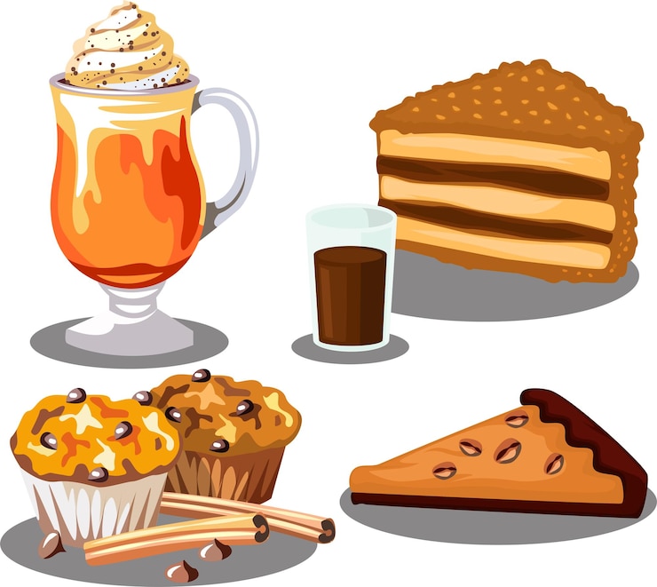 PSD deliziosi caffè e dessert torte muffin e bevande