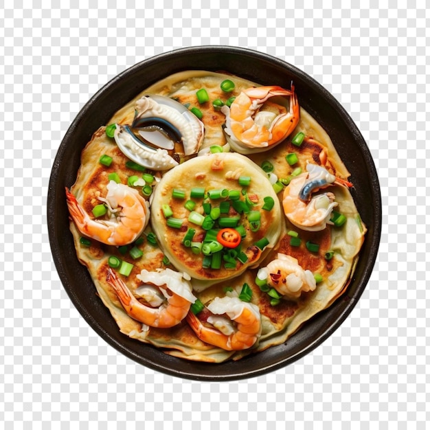 Deliziosi frutti di mare pancake gamberetti mussole vongole e verdi