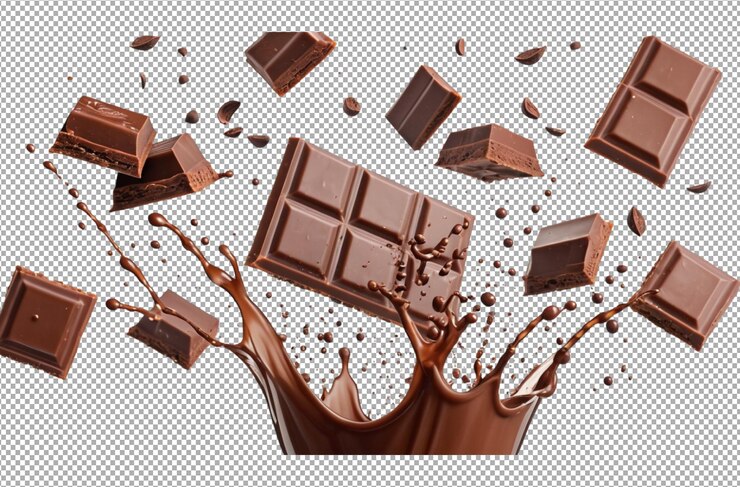 Deliziosi pezzi di barretta di cioccolato che cadono nel cioccolatino splash gioiosamente