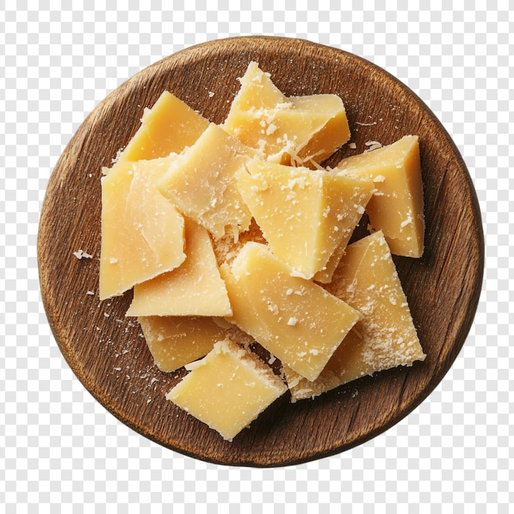 PSD deliziosi pezzi di formaggio parmigiano su un piatto di legno sopra la testa shot latticini cucina italiana ingrediente di cottura formaggio grattugiato