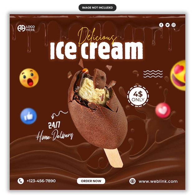 Deliziosi social media di gelato e design del modello di banner per la promozione di instagram