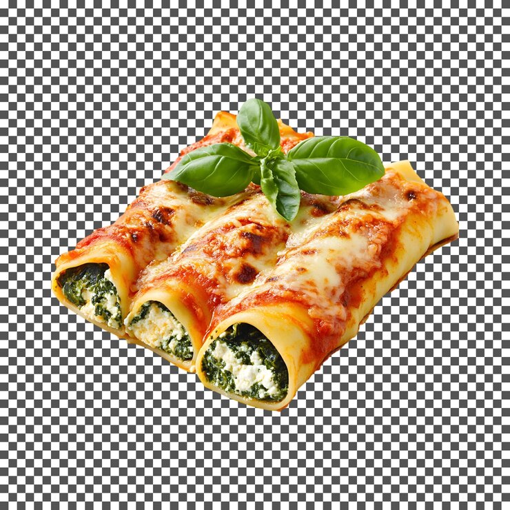 PSD deliziosi spinaci e ricotta cannelloni isolati su uno sfondo trasparente