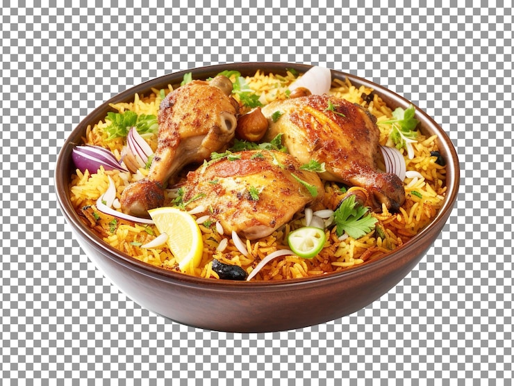 PSD delizioso biryani di pollo con fette di verdure su sfondo trasparente